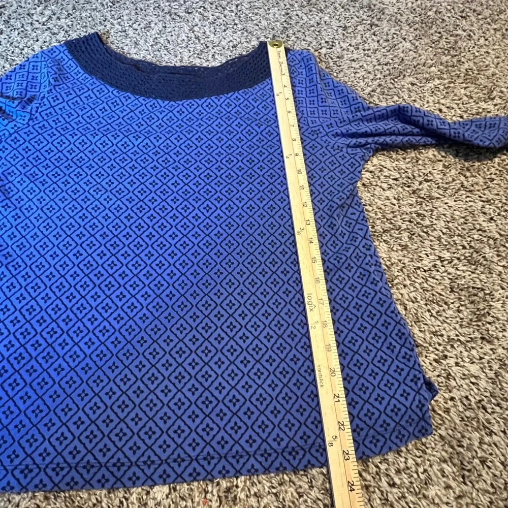 Croft & Barrow Blue Geometric Crochet Lace Neck 3/4 Sleeve Cotton Top PXL - Picture 3 of 6